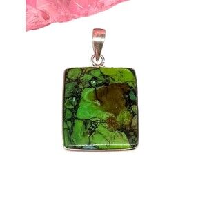 Green Matrix Turquoise Necklace Pendant 925 Solid Sterling Silver Square Stone